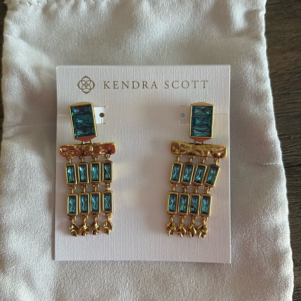 Kendra Scott Jack Earrings Vintage Gold Teal Turquoise Crystal Chandelier
